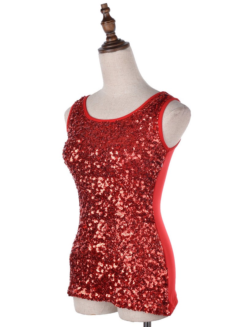 Anna-Kaci Womens Sparkle & Shine Glitter Sequin Sleeveless Round Neck Tank Top, Red, Small - Image 4